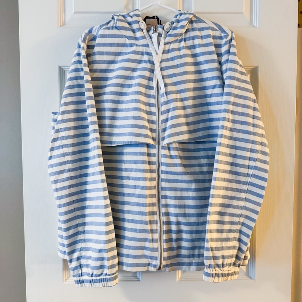 Tommy Hilfiger Blue White Striped Coat L Water Resistant Coastal Nautical Preppy